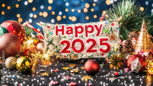 Recycling during festive seasons promotes sustainability. A colorful banner for 2025 made from recycled fabric scraps, ideal for eco-friendly projects and promotions. photo