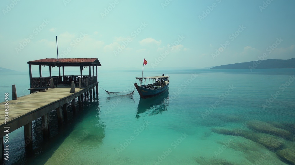 Serene Coastal Scene with Boat Dock and Calm Waters in Nature Serene Coastal Scene with Boat Dock and Calm Waters in Nature