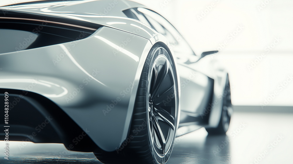 Close-up of the side of a futuristic silver sports car with a focus on the wheels and tires. Sporty, luxury, futuristic, car, advertising, background. Isolated on white. Close-up of the side of a futuristic silver sports car with a focus on the wheels and tires. Sporty, luxury, futuristic, car, advertising, background. Isolated on white.