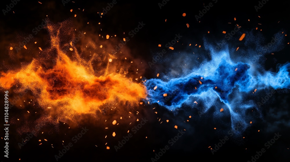 Dramatic clash of fire and ice, dynamic energy on a mysterious dark background. Dramatic clash of fire and ice, dynamic energy on a mysterious dark background.