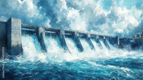 Hydroelectric dam, cascading water in stunning rush, powerfully captured in watercolor, blending blue and white, showcasing raw energy, ambitious engineering marvel photo