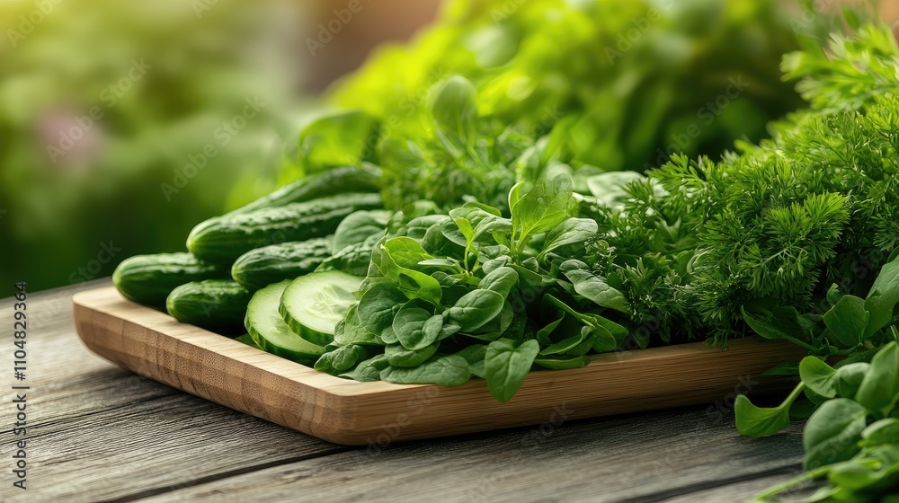 Fresh Cucumbers and Herbs on Wooden Tray in Natural Setting Fresh Cucumbers and Herbs on Wooden Tray in Natural Setting