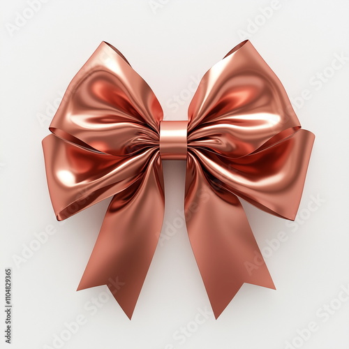 A close-up of a one gift bow decoration made from a glossy ribbon in rose gold color. Isolated on white background. Christmas, xmas, New Year, Birthday, Anniversary, Celebration, Gift, Packaging.