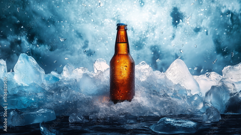 Close-up of a one brown beer bottle placed between cold ice cubes. Beer, Beverage, Alcohol, Product, Advertisement, Style Close-up of a one brown beer bottle placed between cold ice cubes. Beer, Beverage, Alcohol, Product, Advertisement, Style