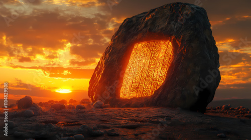 Big stone with a cave in the middle, covered with runic scriptures, sunrise behind in the background,generative ai. Runic. Illustration photo