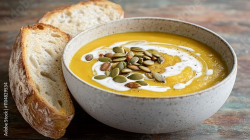 Delightful Plant-Based Butternut Squash Soup with Roasted Pumpkin Seeds and Coconut Cream Drizzle on Crusty Bread Slice