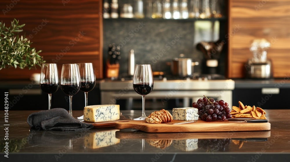 A stylish dining setup featuring wine, cheese, and grapes for a social gathering. A stylish dining setup featuring wine, cheese, and grapes for a social gathering.