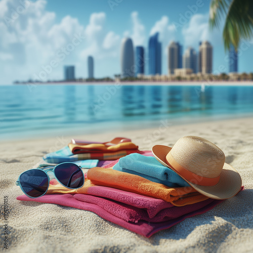 Brigh Turquoise Beach Towel with Sunglasses on a Sandy Beach Close-Up photo