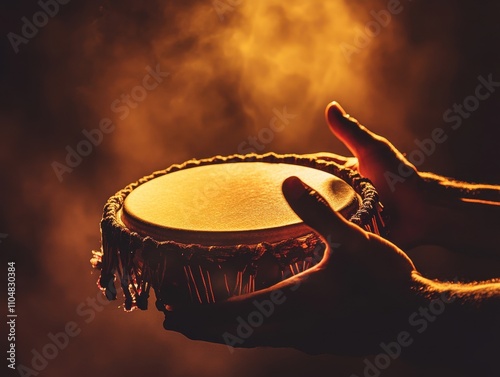 Golden Hour Djembe: A Musician's Hands Gently Embrace an African Drum in Warm, Smoky Lighting photo