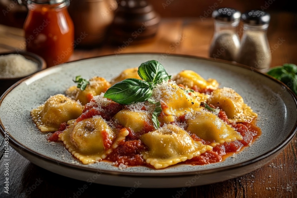 Ravioli with Tomato Sauce and Basil on White Plate Rustic Italian Meal Ravioli with Tomato Sauce and Basil on White Plate Rustic Italian Meal