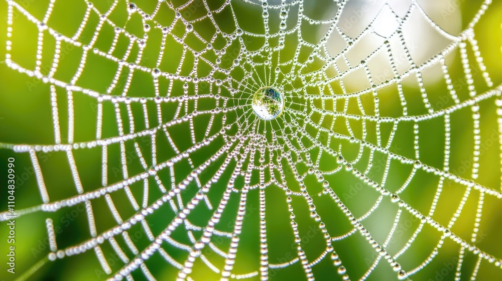 Close-Up of a Dewy Spider Web Glimmering in Morning Light