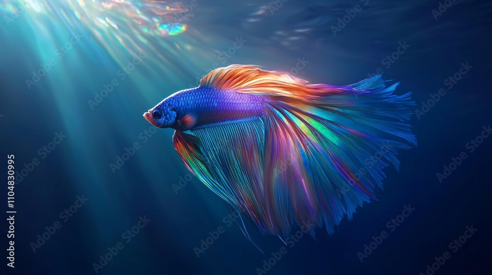 Magical Peacock Fish with a Brilliant Tail Moves Gracefully Through the Water Magical Peacock Fish with a Brilliant Tail Moves Gracefully Through the Water