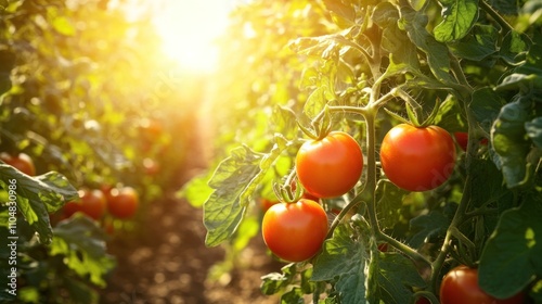 Ripe tomatoes growing in a sunlit field, showcasing agricultural abundance.