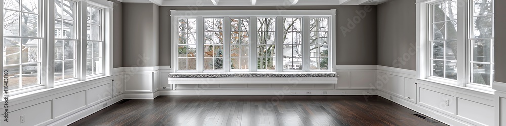 Fototapeta premium Sunroom with white windows, gray walls, dark wood floors, window seat, beamed white ceiling, home decor style.