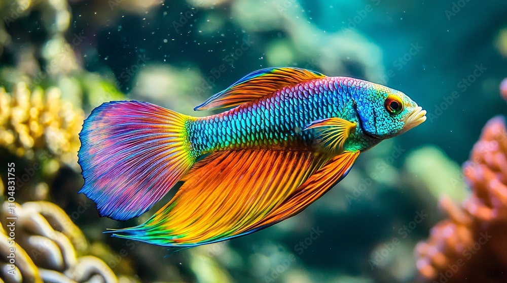 Magnificent Peacock Fish Glides Through Ocean Depths, Tail Shimmering Like Morning Light Magnificent Peacock Fish Glides Through Ocean Depths, Tail Shimmering Like Morning Light