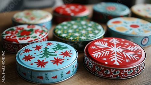 Recycling during festive seasons promotes sustainability. Colorful painted tin lids with festive patterns, ideal for repurposing and decoration in a vibrant setting. photo