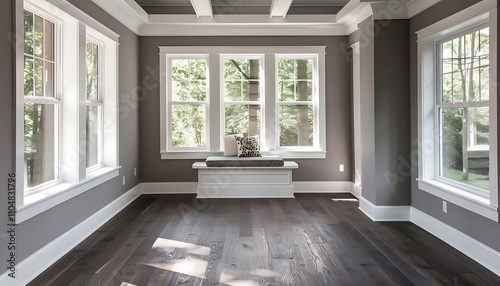 Sunroom with white windows, gray walls, dark wood floors, small window seat, white beamed ceiling, home decor.