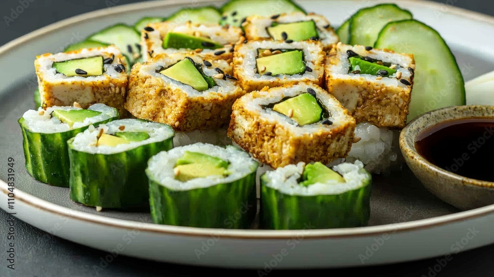 Vibrant Plant-Based Sushi Rolls - Fresh Avocado, Cucumber, Tofu, and Soy Sauce on Elegant Plate Vibrant Plant-Based Sushi Rolls - Fresh Avocado, Cucumber, Tofu, and Soy Sauce on Elegant Plate