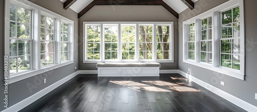Sunroom with white windows, gray walls, dark wood floors, window seat, beamed ceiling, home decor style.
