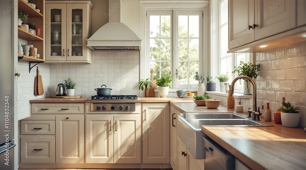 Fototapeta premium Sunlit Farmhouse Kitchen Interior with Wooden Countertops and White Cabinets