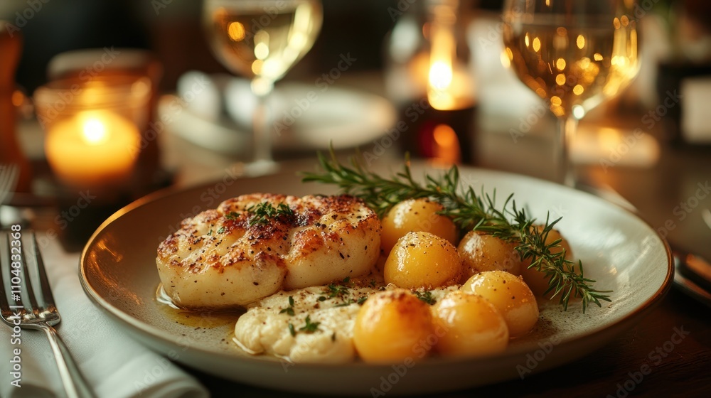 A plated meal of pan-seared fish, creamy mashed potatoes, and golden potatoes, garnished with rosemary sprigs, and two glasses of white wine in the background.