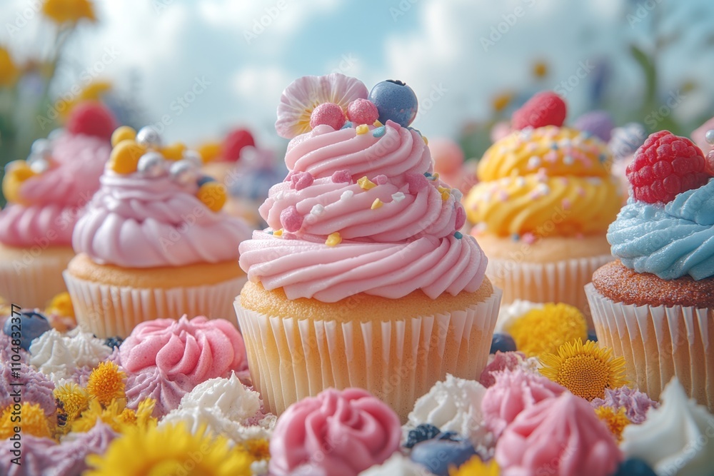 Colorful cupcakes with frosting and sprinkles on a table with flowers and berries. Colorful cupcakes with frosting and sprinkles on a table with flowers and berries.