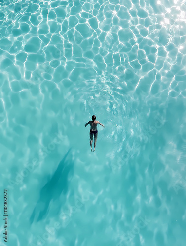 A person swimming in the pool, drone view, turquoise water, sun reflection on the surface of the water, minimalist style