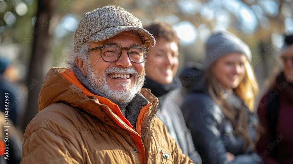 A smiling older man in a cozy jacket stands among a group of people outdoors. A smiling older man in a cozy jacket stands among a group of people outdoors.