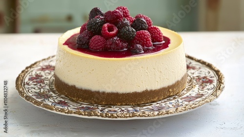 Wallpaper Mural Exquisite Plant-Based Vegan Cheesecake with Fresh Berries and Fruit Sauce on Decorative Cake Plate Torontodigital.ca