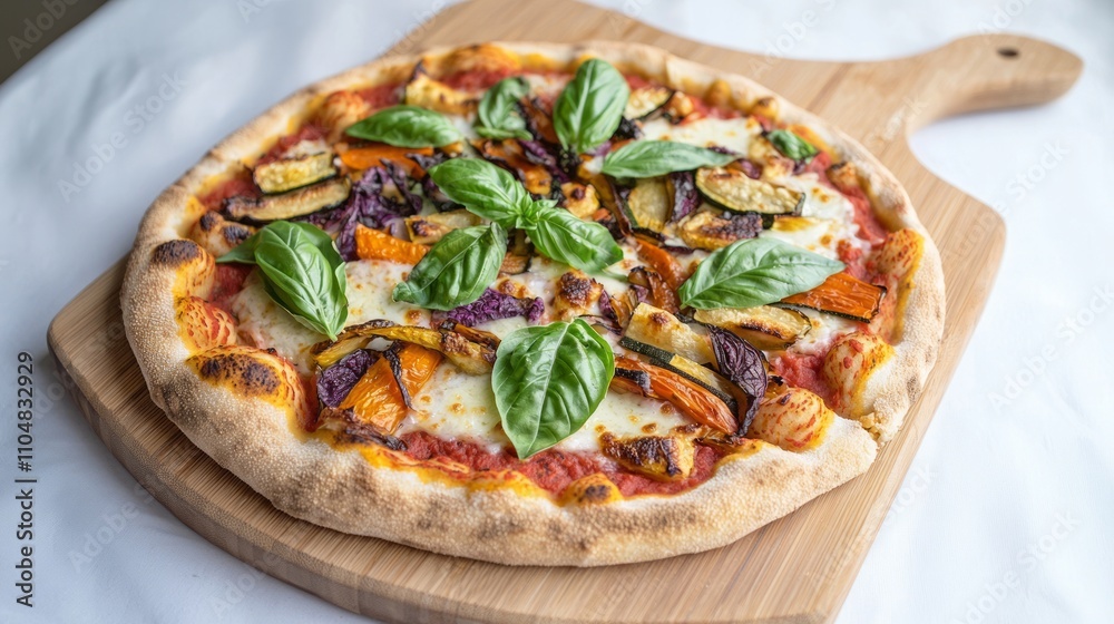 Tasty Plant-Based Pizza with Roasted Vegetables and Vegan Cheese on Wooden Board | Culinary Delight of Vegan Pizza | Plant-Powered Gourmet Pizza Creation Tasty Plant-Based Pizza with Roasted Vegetables and Vegan Cheese on Wooden Board | Culinary Delight of Vegan Pizza | Plant-Powered Gourmet Pizza Creation