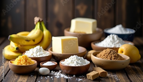 Pastry ingredients on wooden table Baking supplies for dessert making Organized baking essentials