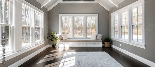 Sunroom with white windows, gray walls, dark wood floors, window seat, beamed ceiling, home decor style.
