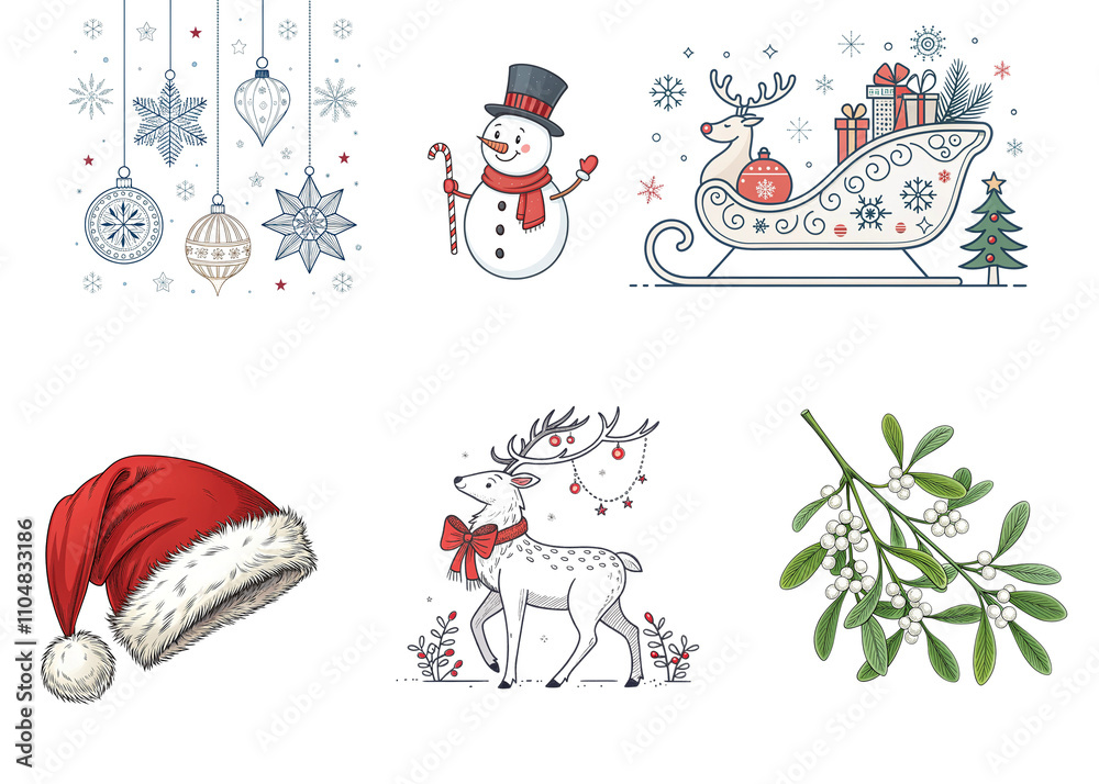Obraz premium A collection of Christmas decorations including snowmen snowman and Christmas tree Elements Set