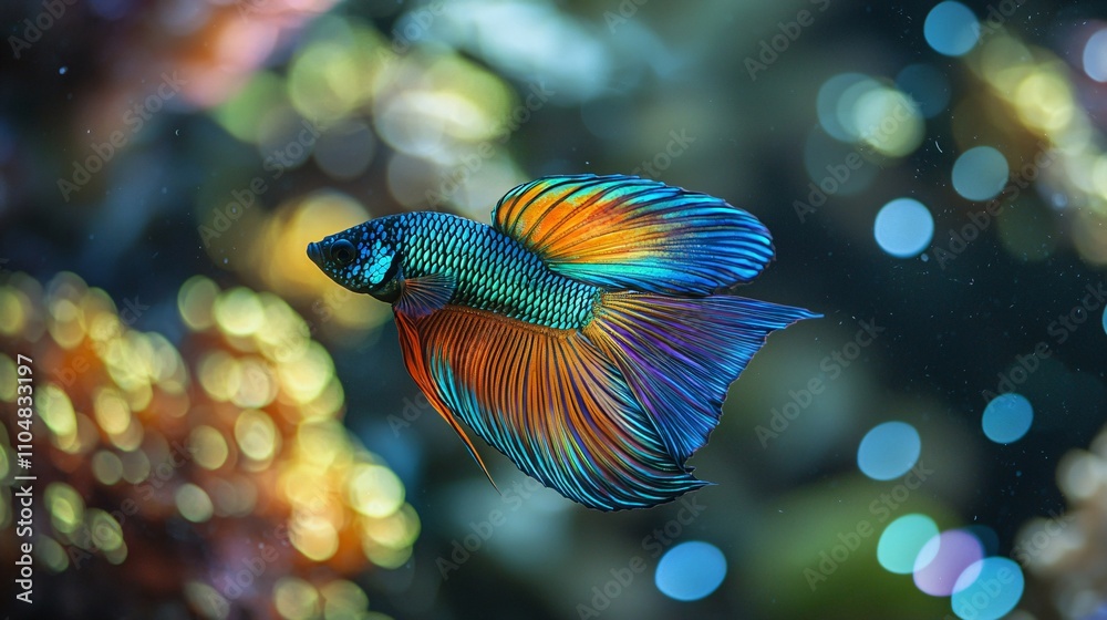 A Stunning Peacock Fish with a Radiant Tail Glides Gracefully Through the Water A Stunning Peacock Fish with a Radiant Tail Glides Gracefully Through the Water