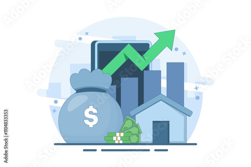 Concept of investing in home or real estate. Real estate and stack of coins with increasing graph. Saving for home, property financing, money investment. Flat vector illustration on background.