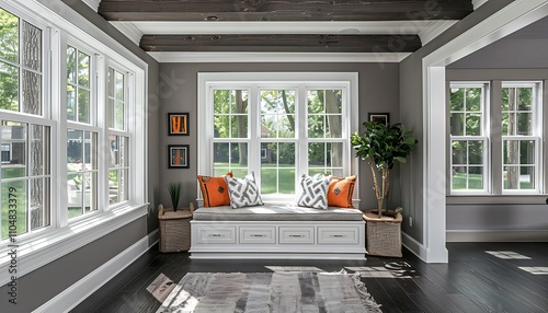 Sunroom with white windows, gray walls, dark wood floors, window seat, beamed ceiling, home decor style.