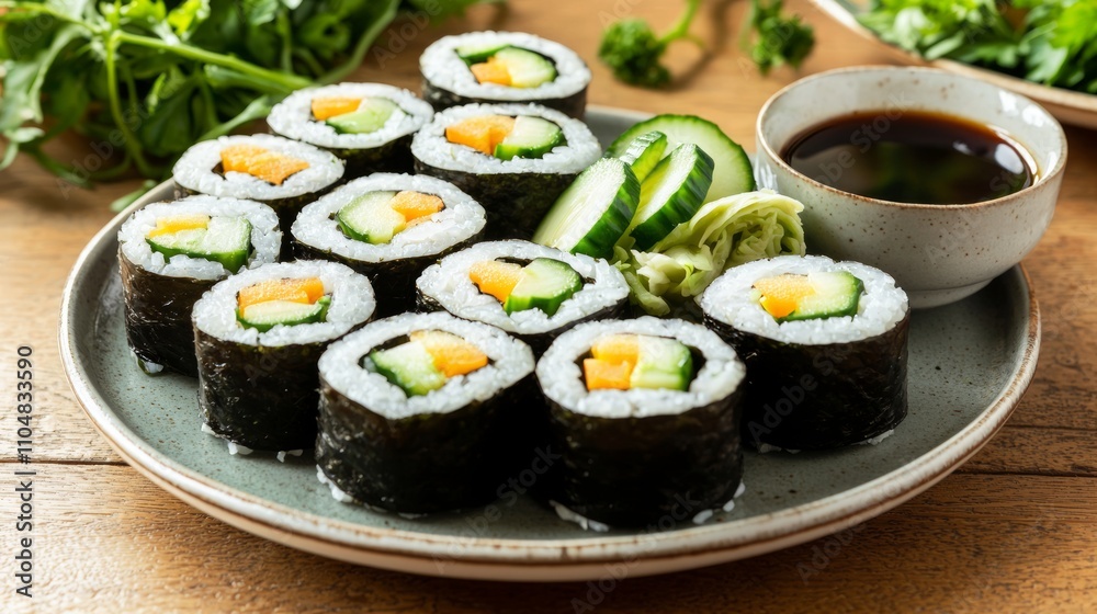 Exquisite Plant-Based Sushi Rolls with Avocado, Cucumber, and Marinated Vegetables Served with Soy Sauce and Wasabi on a Plate Exquisite Plant-Based Sushi Rolls with Avocado, Cucumber, and Marinated Vegetables Served with Soy Sauce and Wasabi on a Plate