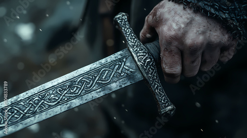 A close-up shot of a hand holding a viking-era sword with runic inscriptions along the blade. Runic. Illustration photo