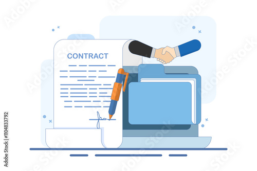 Business Transaction Concept, Contract and Signature Document, Government Policy, Agreement, Trust, Businessman Leader or Client Using Pen to Sign Document. Flat Vector Illustration.