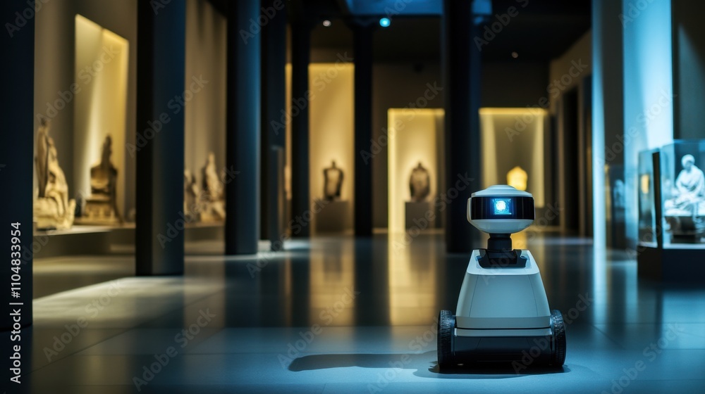 A robotic security guard patrolling a museum at night, ancient artifacts and high-tech security systems, Cultural protection style