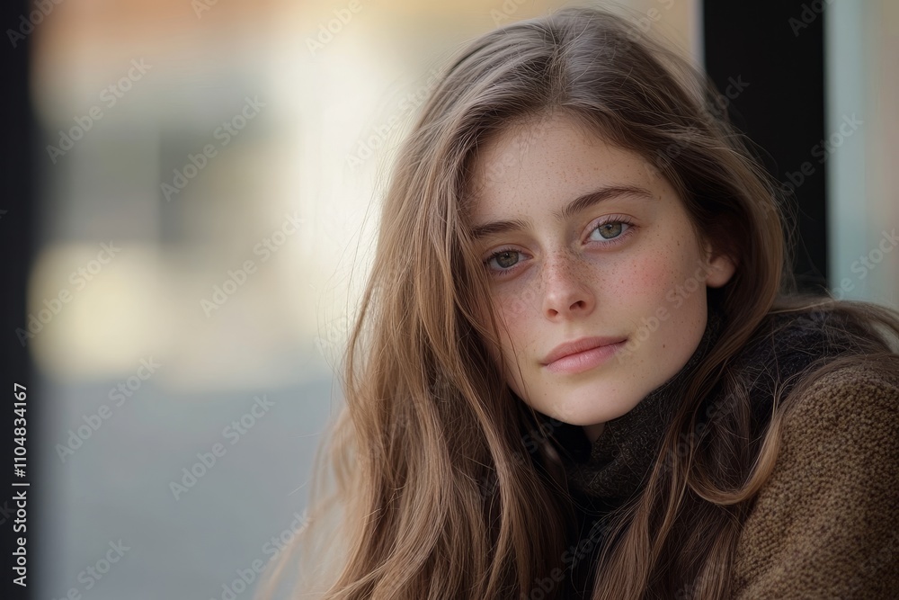 Portrait of a Young Woman with Long Brown Hair - Serene, youthful beauty, captivating gaze, natural freckles, flowing hair. Represents innocence, elegance, and natural beauty. Portrait of a Young Woman with Long Brown Hair - Serene, youthful beauty, captivating gaze, natural freckles, flowing hair. Represents innocence, elegance, and natural beauty.
