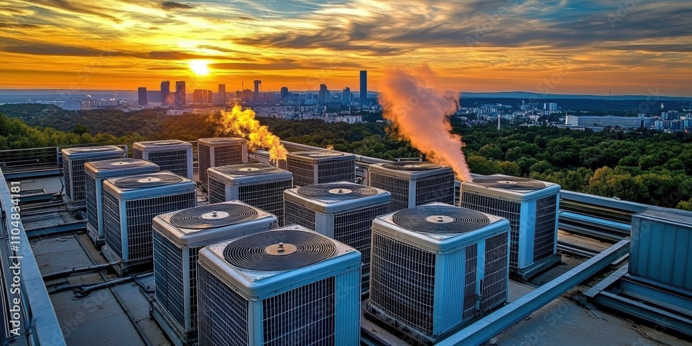 Rooftop Air Conditioning Systems with Colorful Sunset Over City Skyline, Industrial Landscape, and Beautiful Cloud Formation Above Rooftop Air Conditioning Systems with Colorful Sunset Over City Skyline, Industrial Landscape, and Beautiful Cloud Formation Above