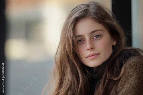 Portrait of a Young Woman with Long Brown Hair - Serene, youthful beauty, captivating gaze, natural freckles, flowing hair. Represents innocence, elegance, and natural beauty.