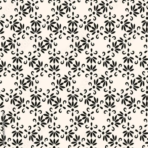 Simple minimalist floral pattern. Minimal seamless texture with small flower shapes. Abstract black and white geometric background. For print, package