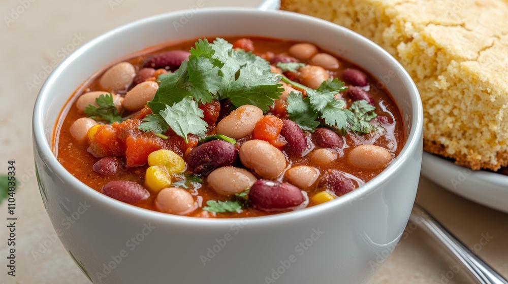Wholesome Vegan Chili Bowl with Beans, Veggies, and Cornbread - Nutritious Plant-Based Comfort Food Delight. Wholesome Vegan Chili Bowl with Beans, Veggies, and Cornbread - Nutritious Plant-Based Comfort Food Delight.