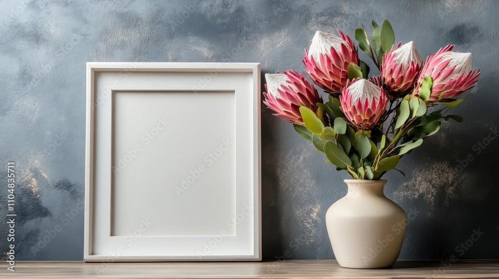 Elegant Still Life: White Frame and Protea Flowers
