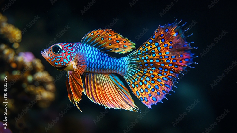 A Beautiful Peacock Fish with Shimmering Tail Glides Gracefully Through the Water A Beautiful Peacock Fish with Shimmering Tail Glides Gracefully Through the Water