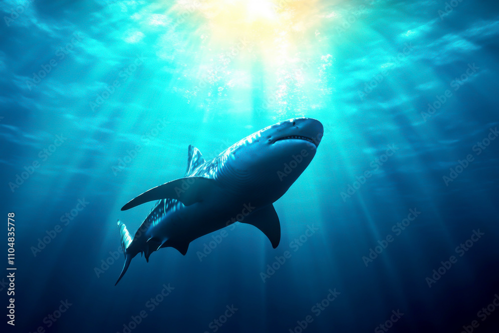 Fototapeta premium A majestic shark swimming gracefully in clear blue waters.