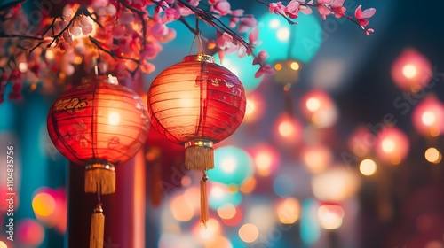 Colorful lanterns glowing in festive ambiance.