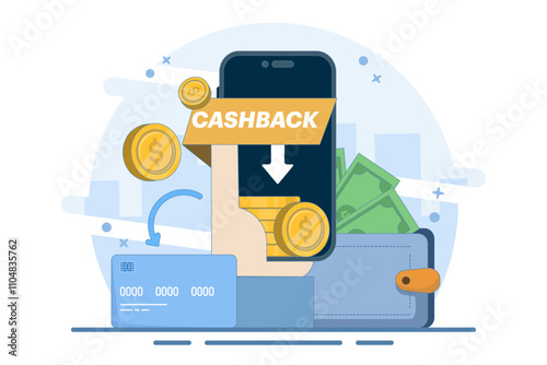 Cashback or online cashback concept. Get cashback for shopping. Savings offers using cashback vouchers. Save money, get vouchers and discounts, reward programs. Flat vector illustration.